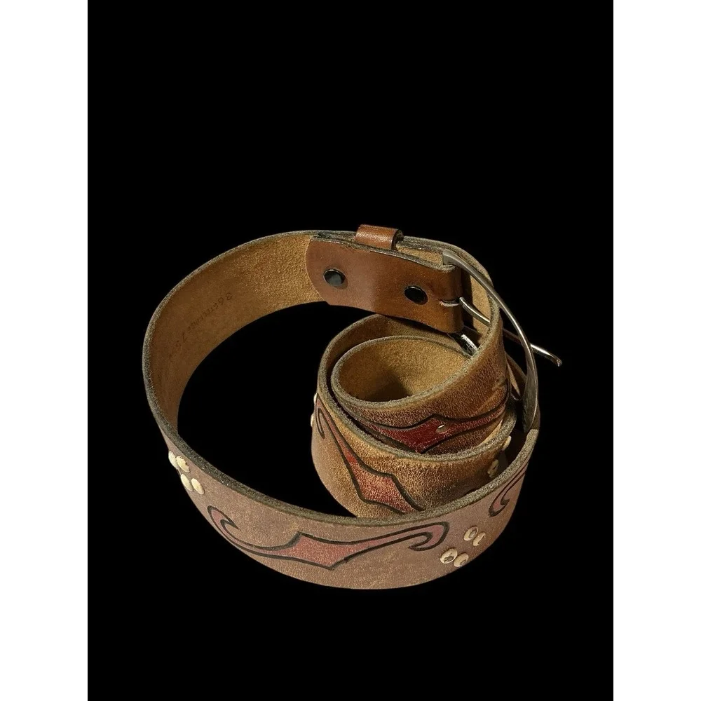 VINTAGE Boho Distressed hand tooled/painted leather belt Silver Tone Buckle